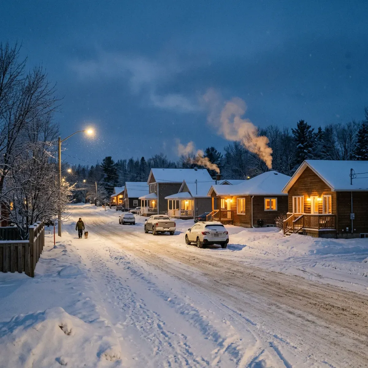 Snowy northern town dusk