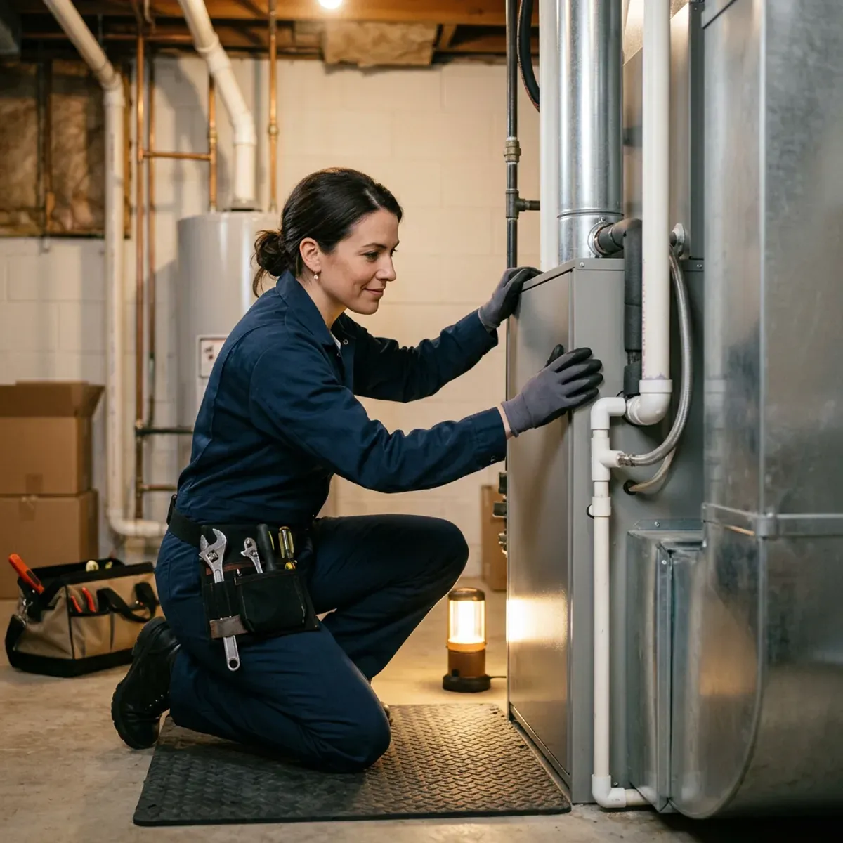 Technician inspecting furnace